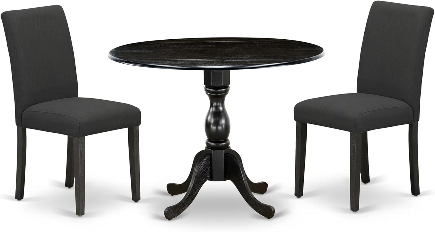 East West Furniture DMAB3-ABK-24 3 Piece Modern Dining Table Set Contains a Round Wooden Table with Dropleaf and 2 Black Color Linen Fabric Upholstered Chairs, 42x42 Inch, Wirebrushed Black