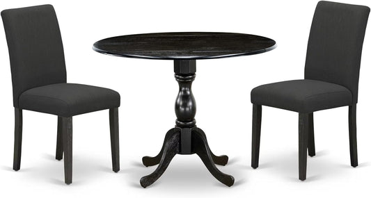 East West Furniture DMAB3-ABK-24 3 Piece Modern Dining Table Set Contains a Round Wooden Table with Dropleaf and 2 Black Color Linen Fabric Upholstered Chairs, 42x42 Inch, Wirebrushed Black