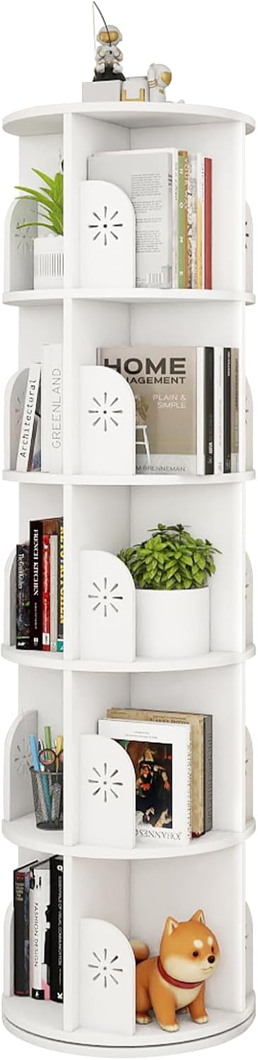 Hestiasko 5 Tier Rotating Bookshelf, 360 Rotating Bookcase, Spinning Bookshelf Tower for Kids & Adults, Corner Book Shelf for Small Space, Revolving Bookcase for Bedroom, Living Room, White
