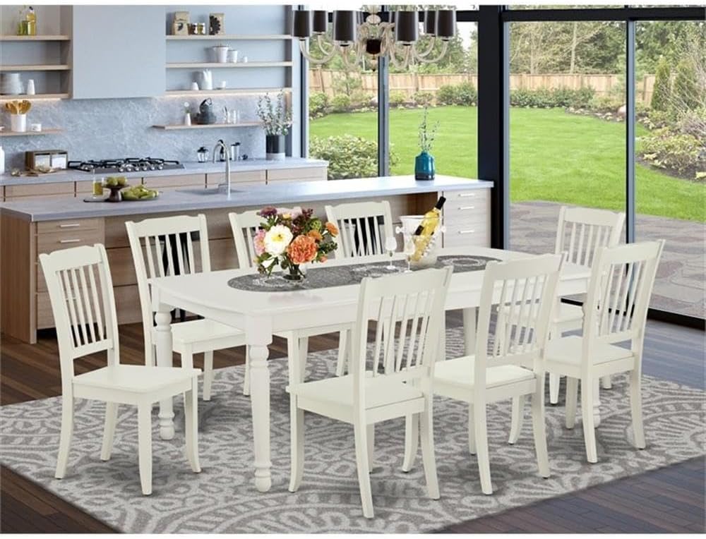 East West Furniture DODA9-LWH-W 9 Piece Dining Room Table Set Includes a Rectangle Kitchen Table with Butterfly Leaf and 8 Dining Chairs, 42x78 Inch, Linen White