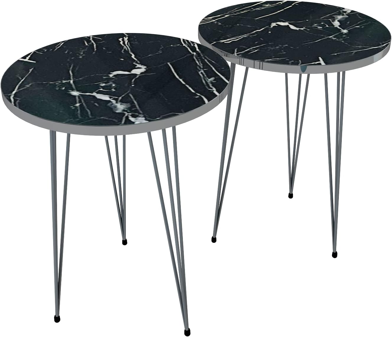 PAK HOME Set of 2 End Tables Round Wood Sofa Side Coffee Tables for Small Spaces, Nightstand Bedside Table with Metal Legs for Bedroom, Living Room, Office (Black Marble High Gloss/Silver Legs)
