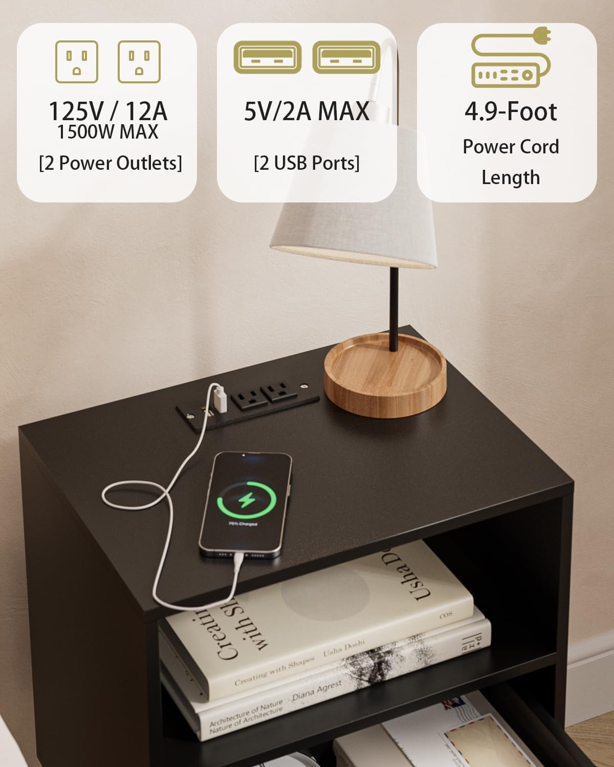 Bedroom Nightstands Wooden Night Stands with Rattan Weaving Drawer Home Bedside End Table for Bedroom Storage (Modern-Black)