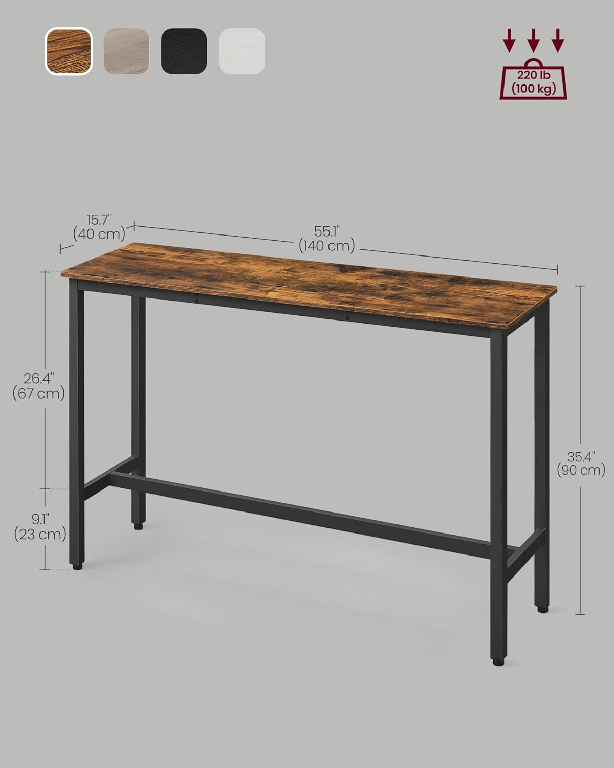 VASAGLE Bar Table, Narrow Long Kitchen Dining Table, Sturdy Metal Frame, Industrial, 15.7 x 55.1 x 35.4 Inches, Rustic Brown and Ink Black ULBT140B01
