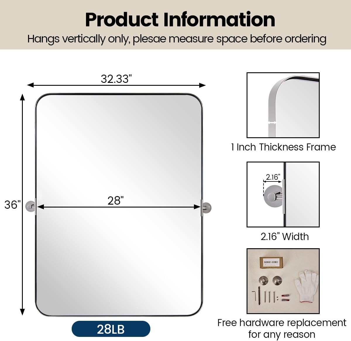 MOON MIRROR Chrome Pivot Rectangle Bathroom Mirror, Modern Tilt Rounded Rectangular Pivoting Vanity Mirrors for Wall, Stainless Steel Metal Polish Frame, Overall 32.33 x 36 in (Mirror 28x 36 in)