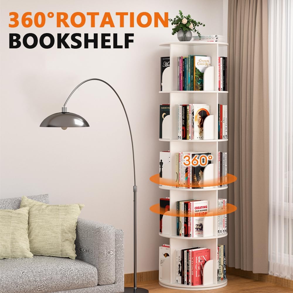 Nidouillet Rotating Bookshelf Tower, 5 Tier Spinning Bookcase Lazy Susan, Revolving 360 Book Shelf Storage Round Organizer, Vertical Rotate Turning Corner Book Case for Small Space, White