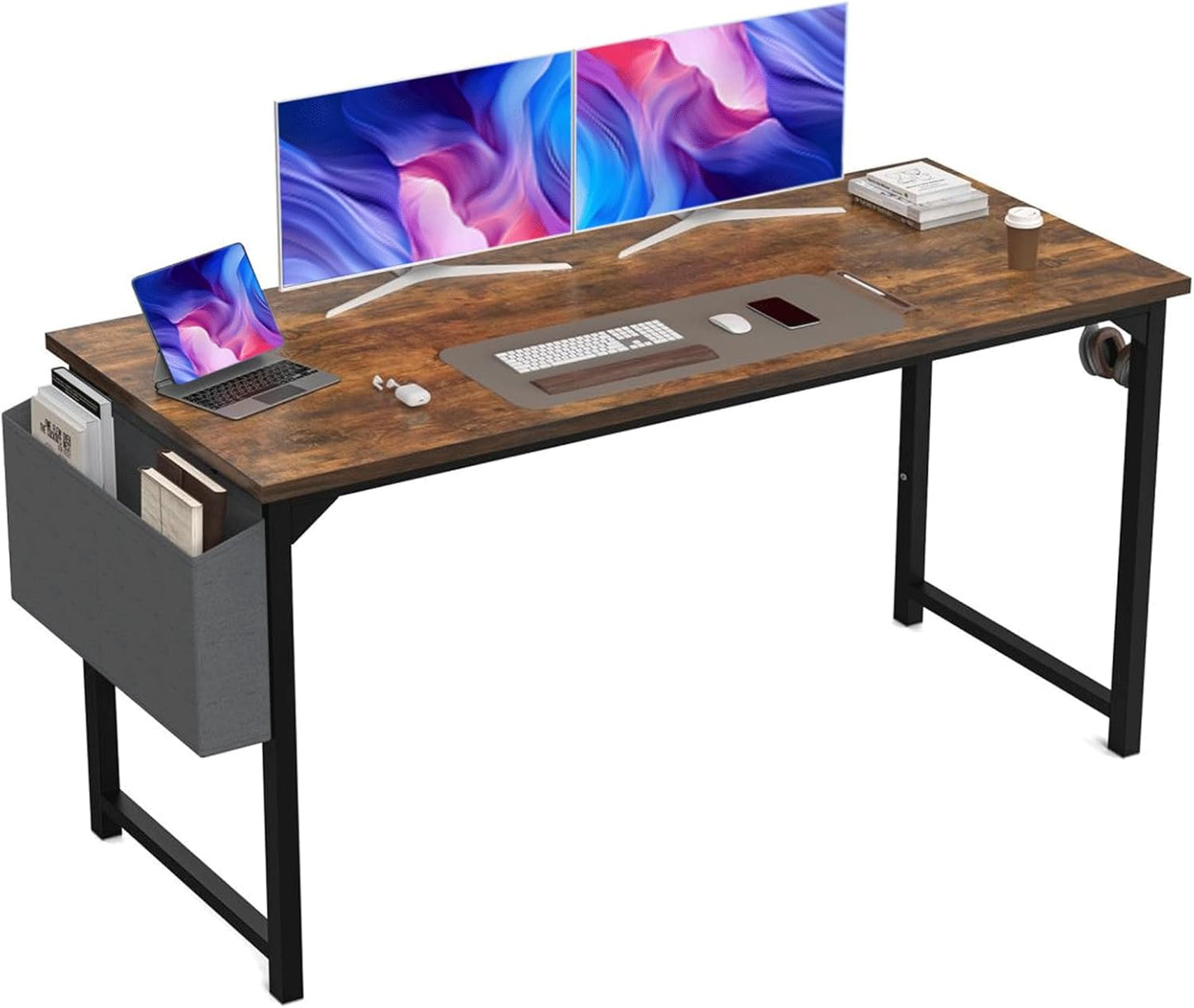 63 Inch Desk Office with Storage, Modern Simple Style Gaming Computer Table for Youth Student Adult, Metal and Wood Home Office Furniture, Rustic Brown