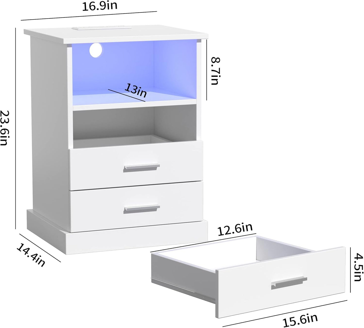Nightstand with Charging Station, LED Lights Side Table with 3 Drawers, End Table for Bedroom Ofiice White 2 Set
