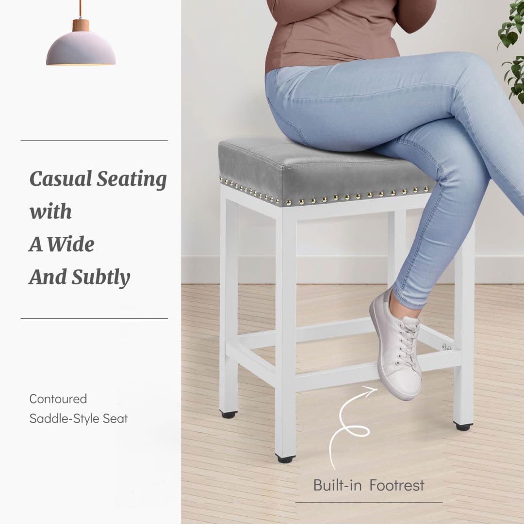 Counter Stools Set of 2 Upholstered Counter Height Bar Stools with Padded Seats and Metal Base, Leather Saddle Stool for Modern Kitchen Island, 22.4-Inch, Grey