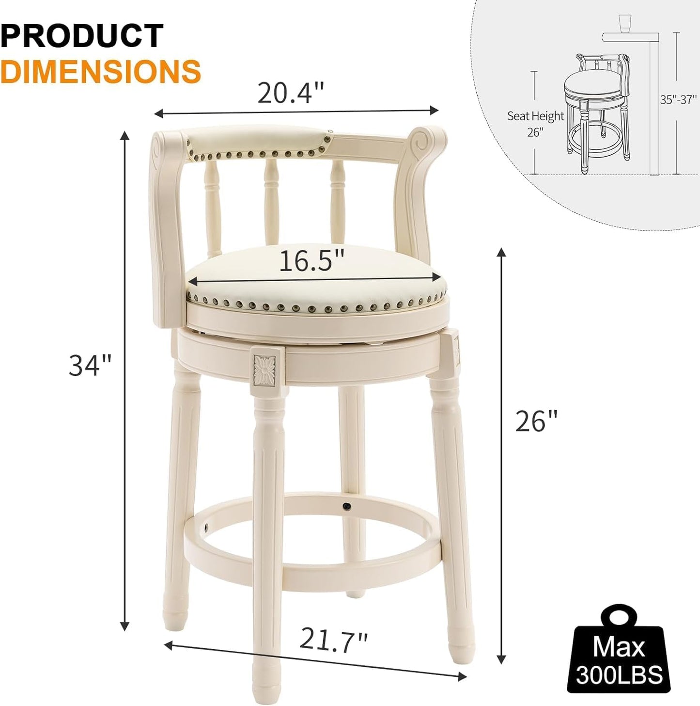 Cow top Leather Wooden Bar Stools, 360 Degree Swivel Bar Height Chair with Backs for Home Kitchen Counter, Morden Chair Barstools (Ivory Wood 2pcs-Cream Seat, Counter Height-Seat Height 26”)
