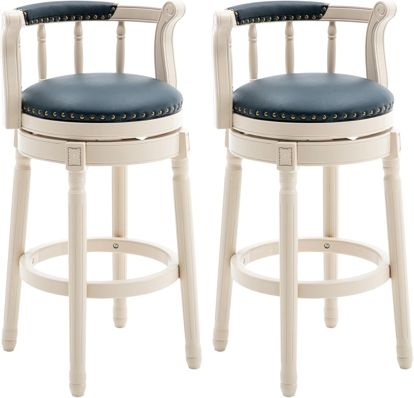 Cow top Leather Wooden Bar Stools, 360 Degree Swivel Bar Height Chair with Backs for Home Kitchen Counter, Morden Chair Barstools (Ivory Wood 2pcs-Blue Seat, Bar Height-Seat Height 29.5”)