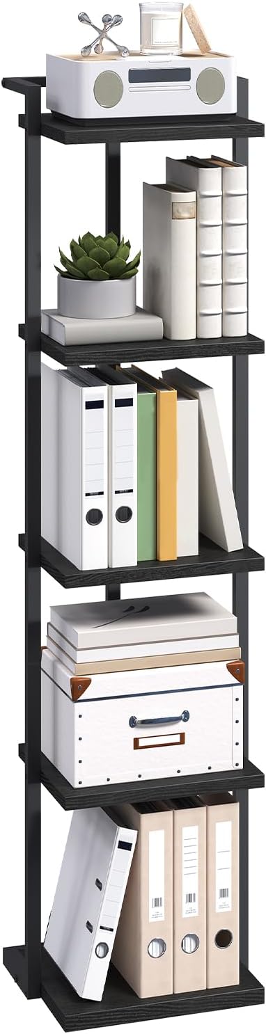 Bookshelf, 5-Tier Bookcase, Vertical Tall Narrow Book Shelf for Small Space, Open Storage Display Shelf with Stable Base & Anti-Tip Kits, for Living Room, Office, Study, Black BKBK11501