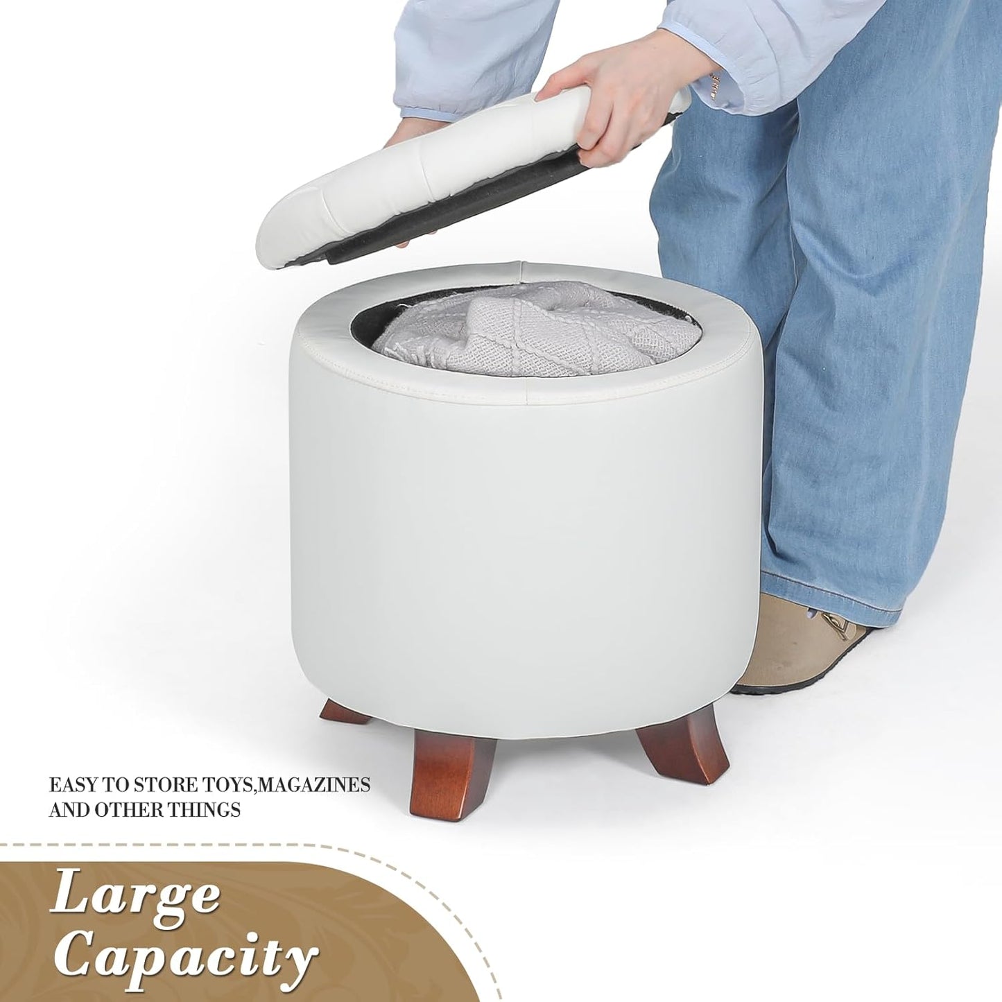 Athena Collection 15 Inch Small Ottoman with Storage, Round PU Leather Storage Ottoman Foot Rest with Removable Lid, Multipurpose Footstool Footrest for Living Room, Bedroom, Dorm, White