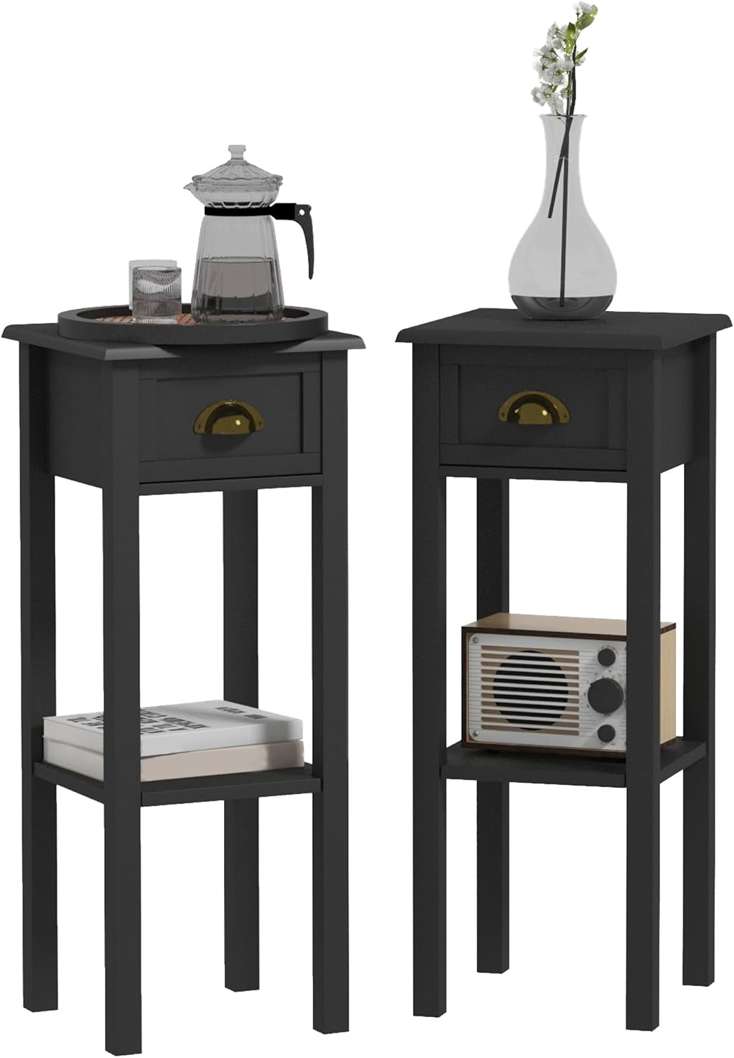 HOMCOM 2-Tier Side Table with Drawer, Narrow End Table with Bottom Shelf, for Living Room, Set of 2, Black