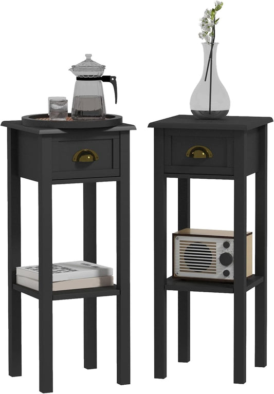 HOMCOM 2-Tier Side Table with Drawer, Narrow End Table with Bottom Shelf, for Living Room, Set of 2, Black
