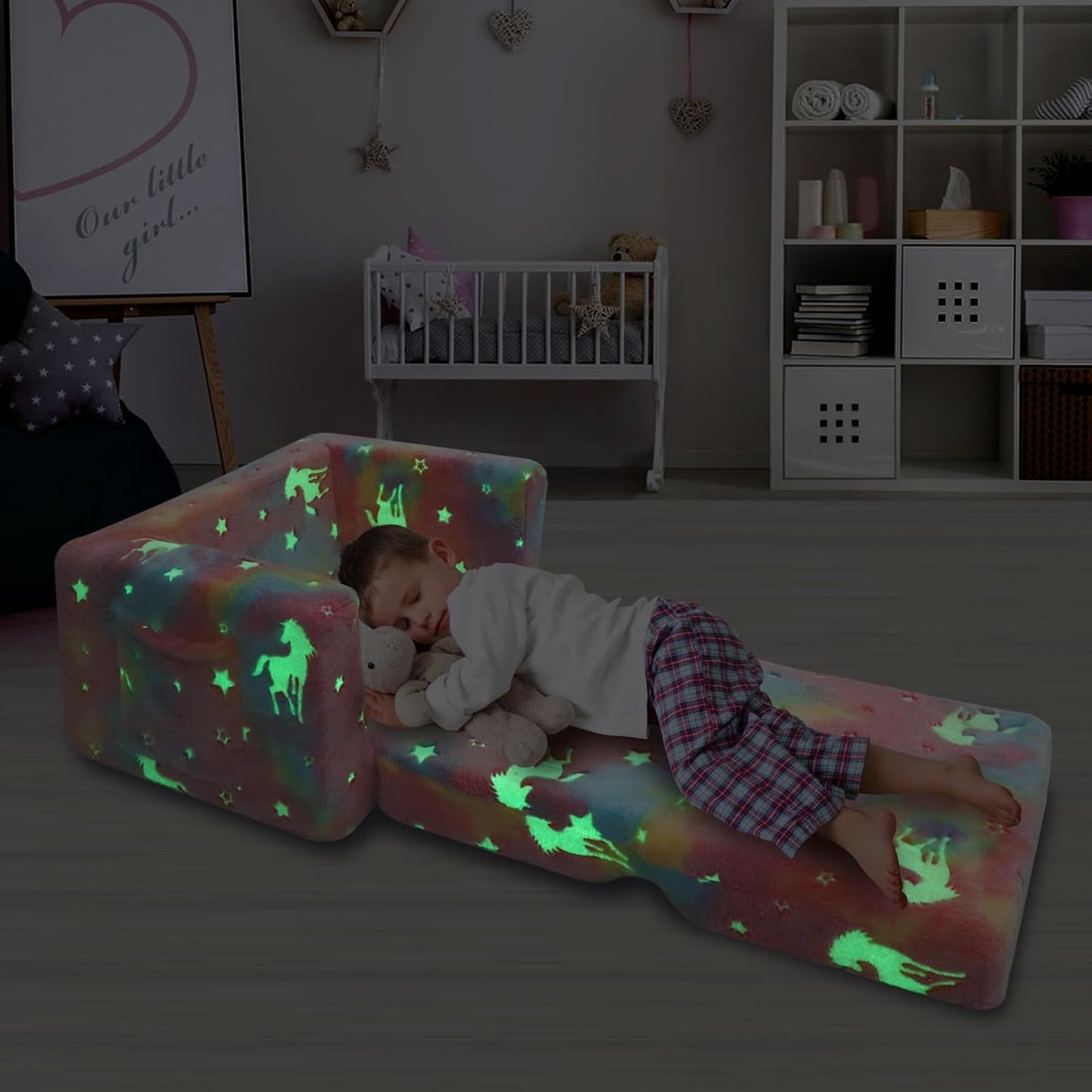 SLIGUY Kids Couch, Toddler Chair, Fold Out Kids Sofa Chair, Convertible Sofa to Lounger Pull Out Couch, Glow in Dark Sofa Chair Birthday Gifts for Boys and Girls (Pink)