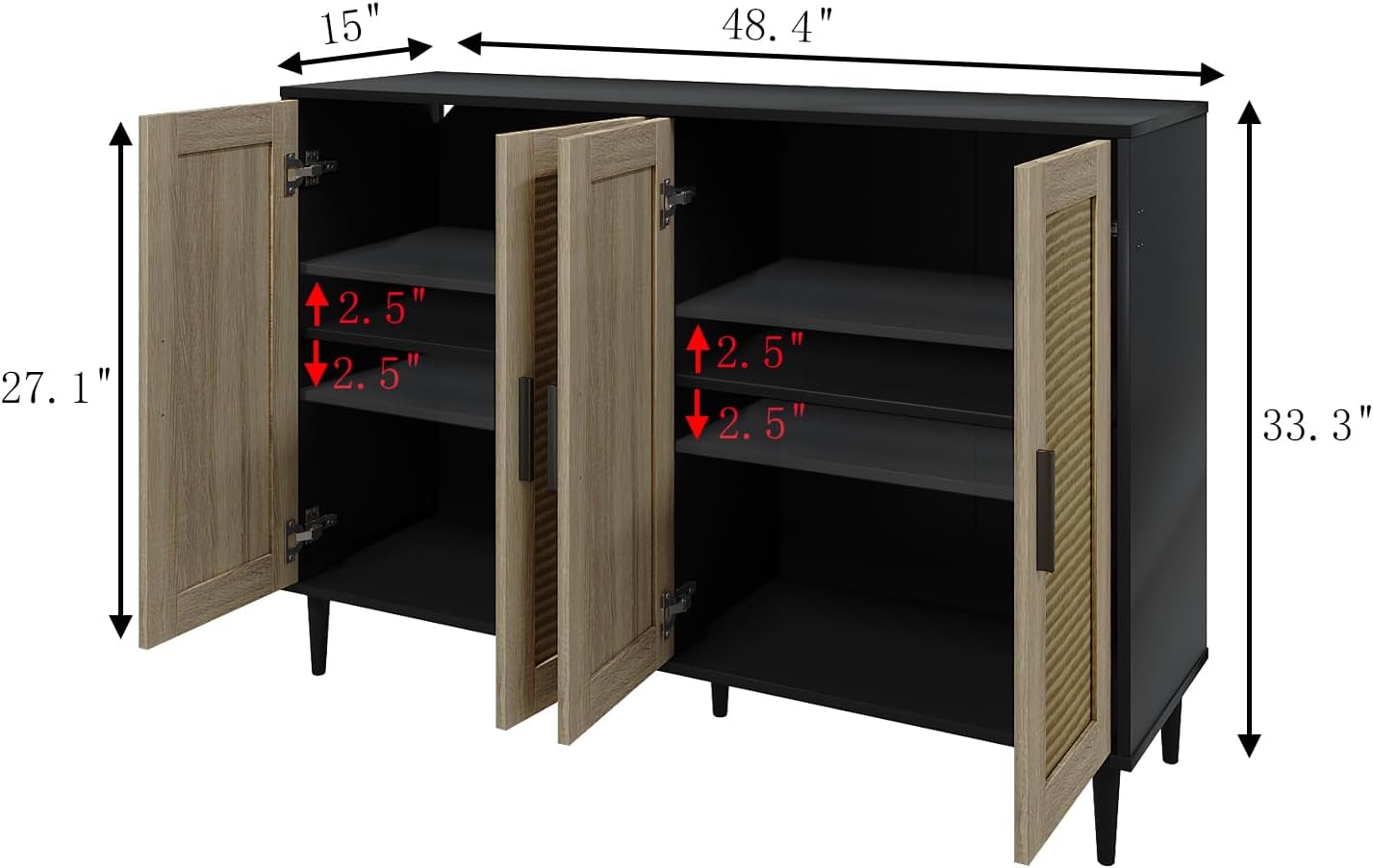 Black Buffet Sideboard,Kitchen Storage Cabinet with 4 Rattan Decorated Doors,Coffee Bar Cabinet with Adjustable Shelves for Living Room,Hallway