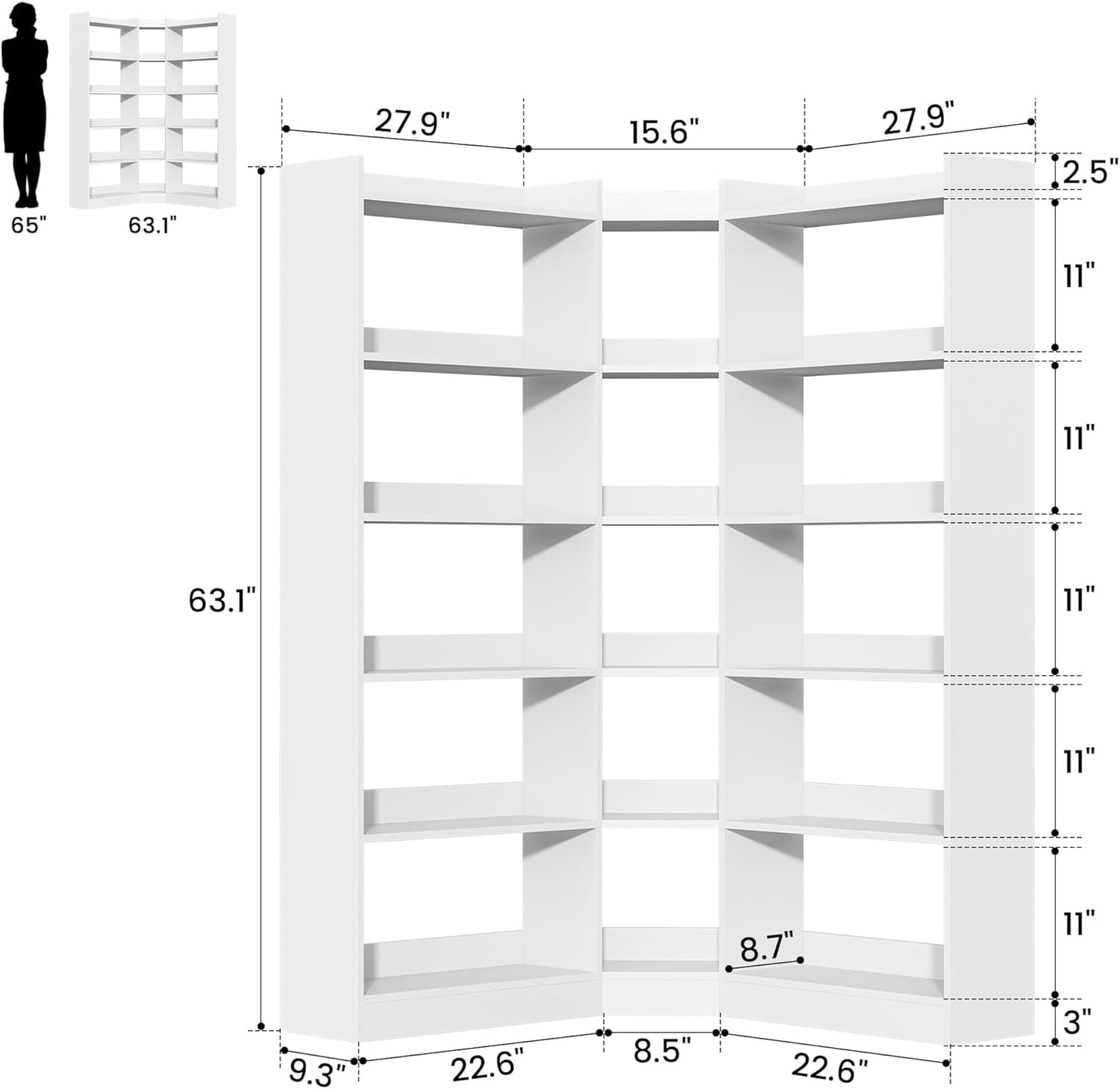 6 Tiers Corner Bookshelf, 63.1" Tall Modern Corner Etagere Bookcase Storage Display Rack Book Shelf with Baffle, Industrial L Shaped Bookshelves for Bedroom, Home Office, Living Room, White