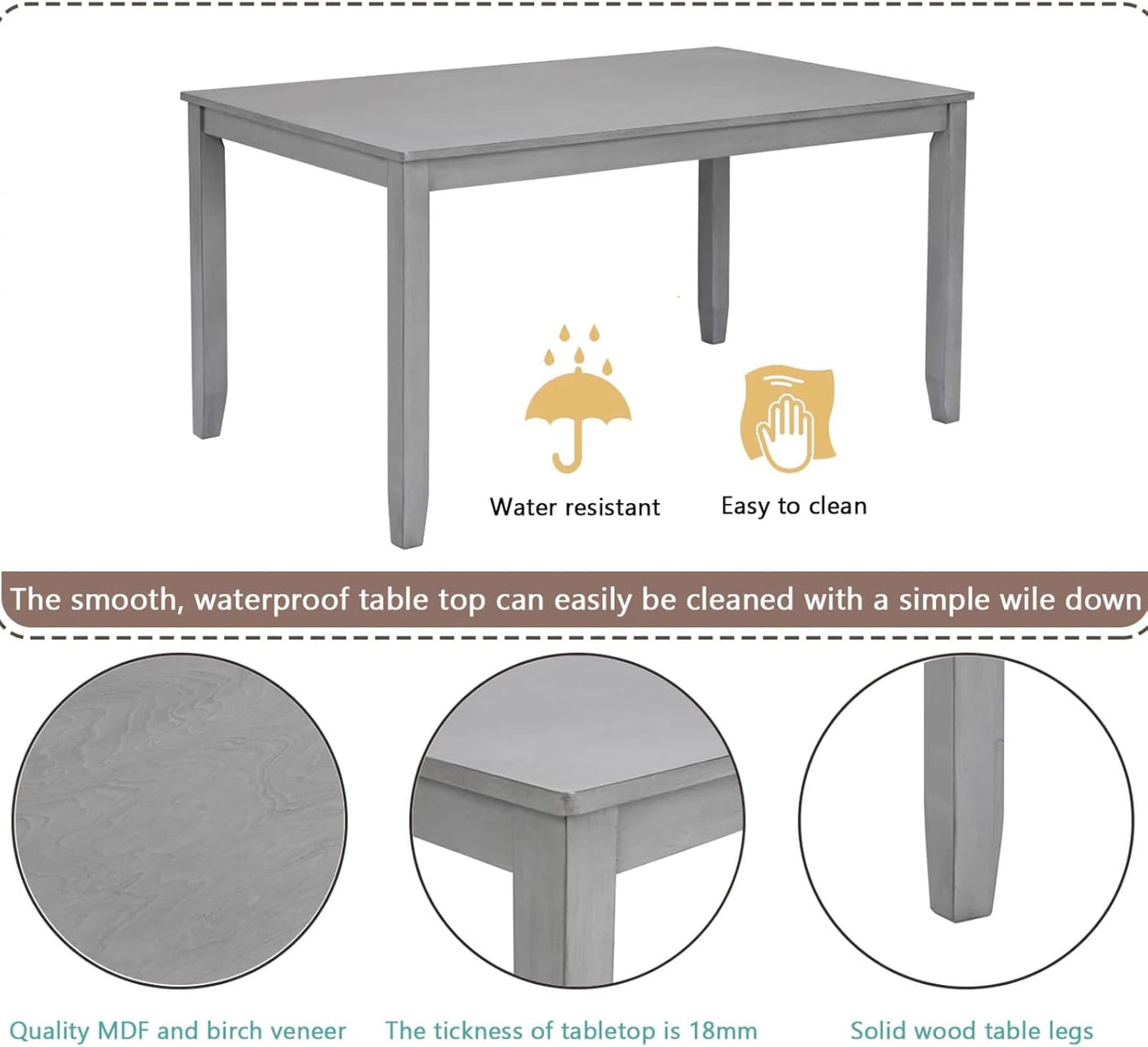 Dining Table for 4, Wooden Rectangular Kitchen Table with Natural Woodgrain Finish, 45.5" MDF Modern Dining Table with Solid Wood Tapered Legs and Rounded Corners, Easy Assembly, Gray