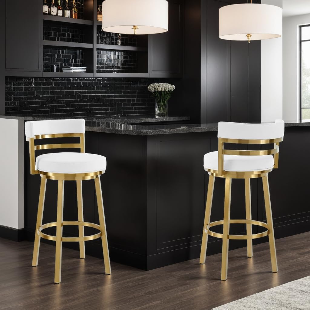 Armen Living Madrid 30" Seat Height Swivel Modern White Faux Leather and Gold Brushed Stainless Steel Bar Stool for Kitchen Island Counter