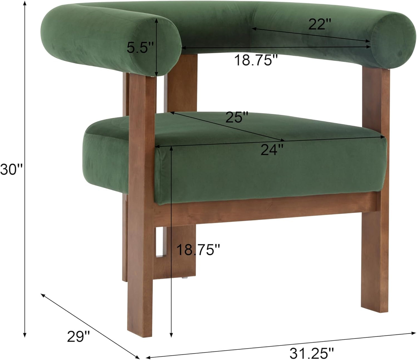 Christopher Knight Home Modern Velvet Upholstered Accent Chair for Living Room, Home Office, Apartment, Arm Chair with Curve Backrest and Birch Wood Legs, Three Legs Structure, Forest Green and Brown