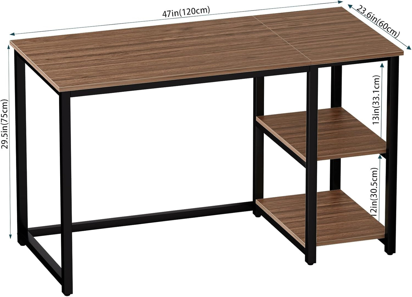 SINPAID Computer Desk 47 inches with 2-Tier Shelves Sturdy Home Office Desks with Large Storage Space Modern Gaming Desk Study Writing Laptop Table, Brown
