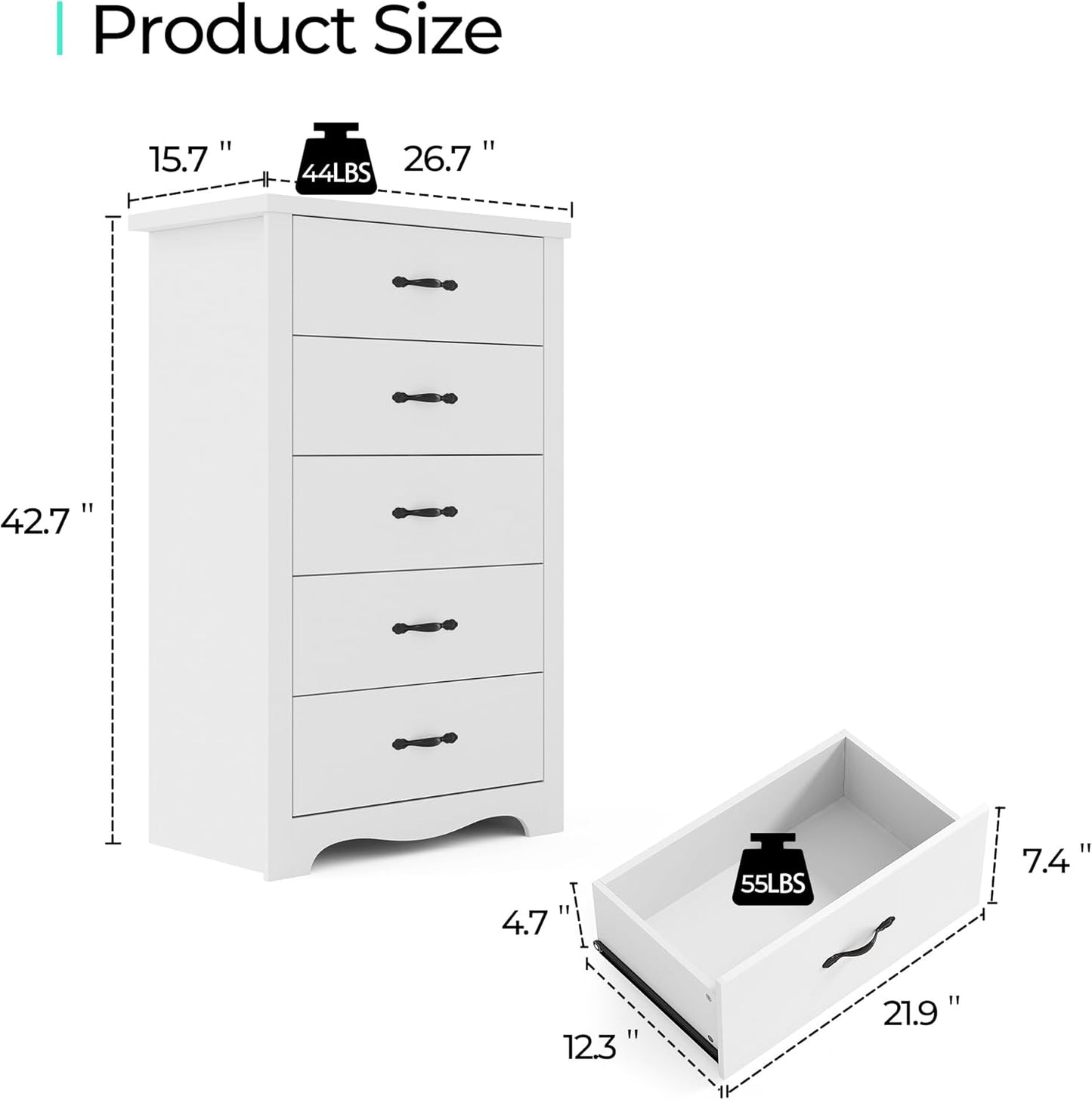 LINSY HOME White 5-Drawer Dresser - Modern Bedroom Chest with Wide Drawers, Wood Storage Organizer for Bedroom or Living Room