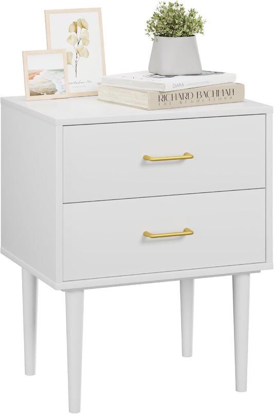 26 H White Nightstand with 2 Drawers, Small Night Stand with Gold Handles, Bedside Table with Solid Wood Legs, Tall Nightstands for Bedroom