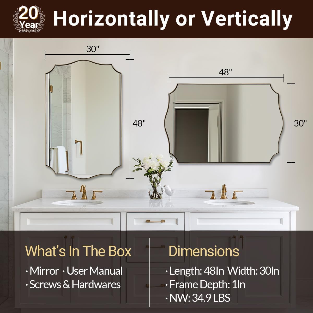 ANDY STAR 30x48 Inch Gold Bathroom Mirror, Large Brushed Gold Rectangle Mirror, Antique Brass Mirror in Rust-Proof Stainless Steel 1" Frame, Unique Wavy Frame Design, Vertically/Horizontally