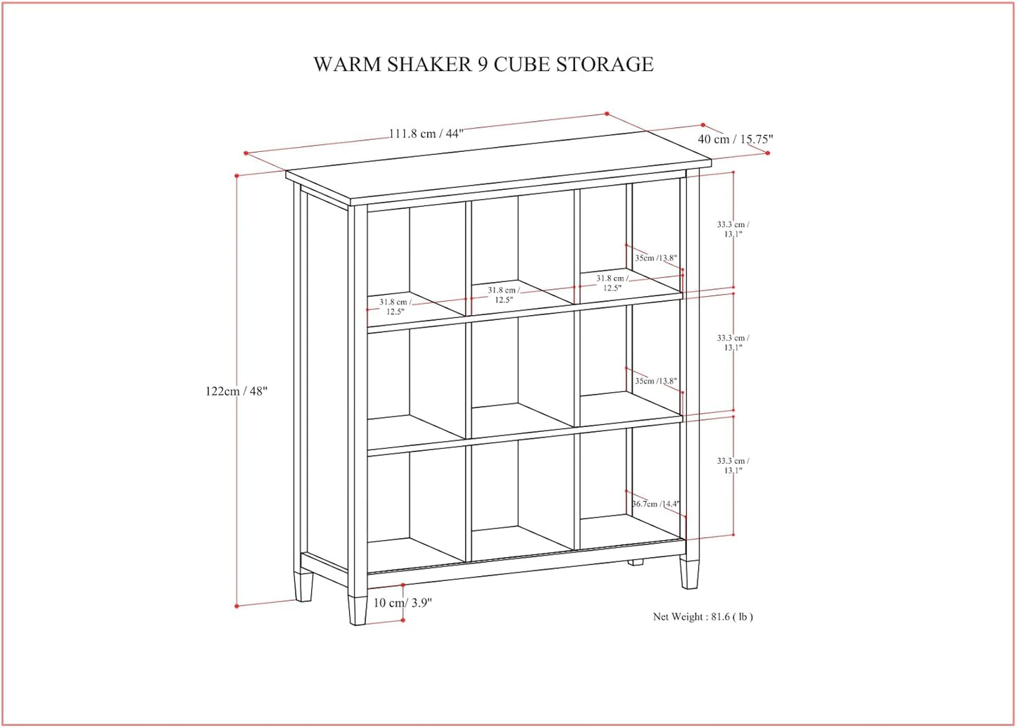 SIMPLIHOME Warm Shaker Bookcase - 44 inch Tall 9-Cube Solid Wood Cube Organizer in Light Golden Brown, Transitional Storage for Living Room, Study Room or Office with Fixed Shelves and Tapered Legs