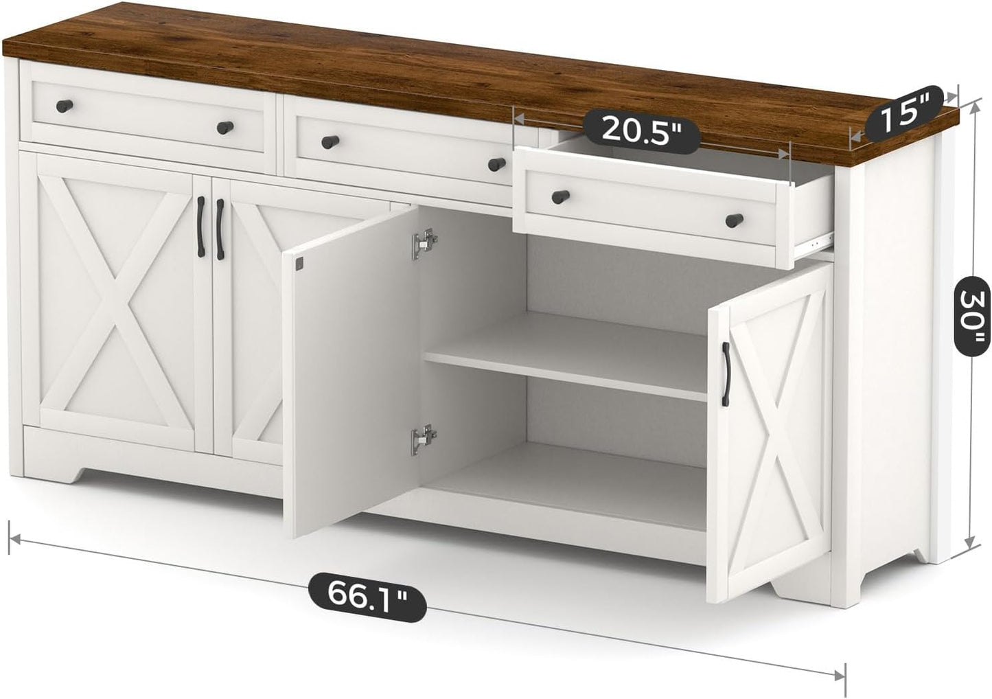 66'' Farmhouse Sideboard Buffet Cabinet with Storage, Large Kitchen Storage Cabinet with Barn Doors Drawers, Brown Coffee Bar Table for Dining Room Kitchen