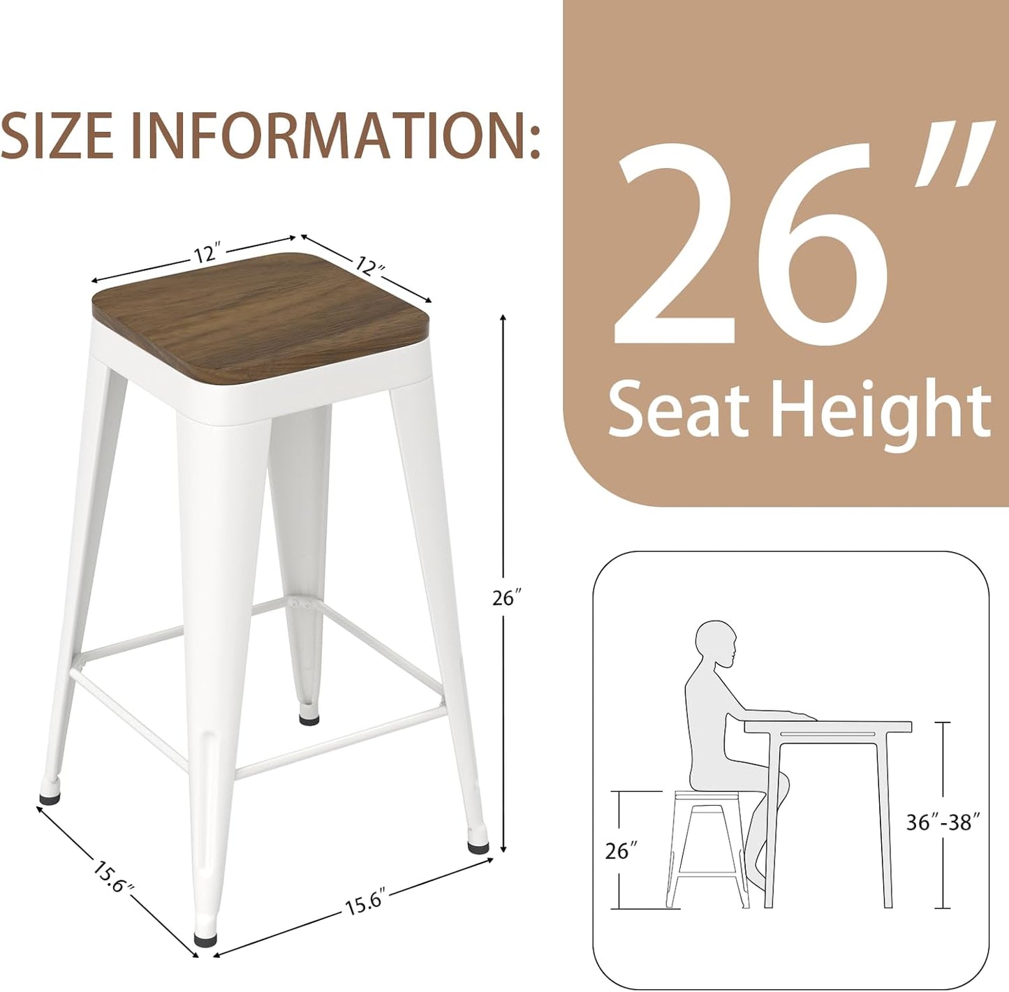 26 inch Backless Bar Stools Set of 4, Indoor Metal Bar Stools with Wood Seat, Industrial Counter Height Barstools for Kitchen Island, White