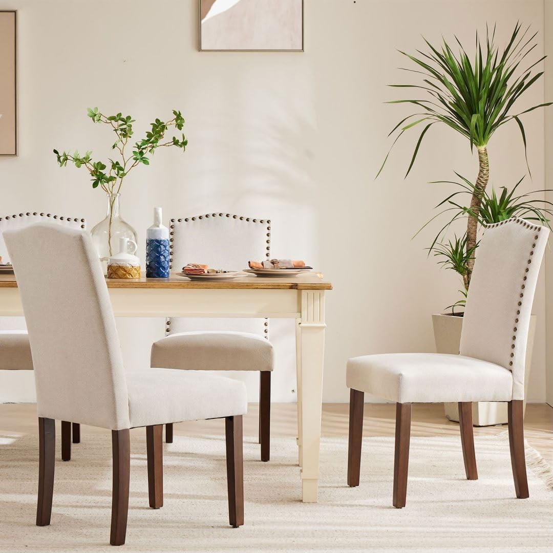 Kitchen Chairs Set of 4 Modern Upholstered Fabric Seat with Nailhead Trim and Ergonomic Lumbar Support for Living Room and Rustic Farmhouse Dining Area, Beige