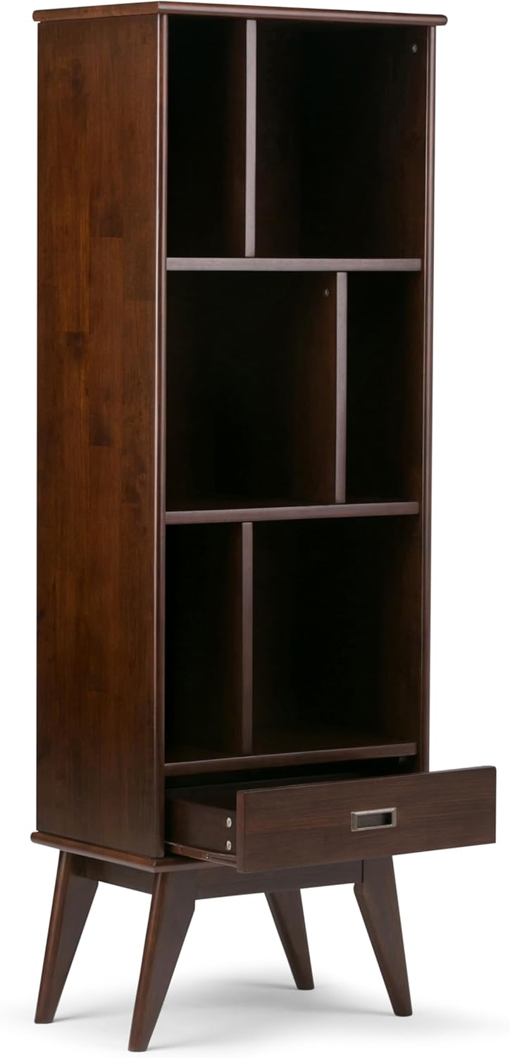 SIMPLIHOME Draper Bookcase - 64 inch Tall Solid Hardwood Storage Bookshelf in Medium Auburn Brown, Mid-Century Modern Storage for Living Room, Study or Office with Adjustable Shelves and Angled Legs
