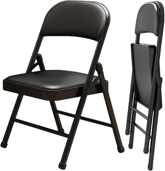 2 Pack Folding Chairs with Leather Padded Cushion and Back, Metal Black Foldable Chair for Indoor Outdoor, Commercial Stackable Guest Chairs for Office Events Wedding Party Kitchen Dining