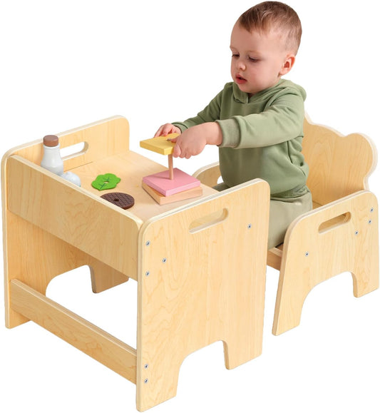 OOOK Montessori Weaning Table and Chair Set, Kids Activity Wooden Toddler Table and Chair, for Eating, Reading, Drawing, Play, Step Stool, Montessori Furniture for Toddlers 1-3