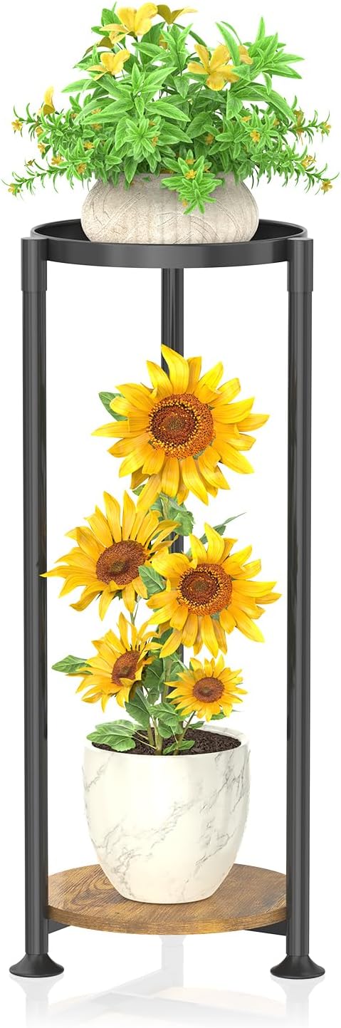 KMOTASUO 2 Tier Black Plant Stand Indoor for Large Tall Heavy Duty Planter, Multiple Sturdy Metal Flower Corner Rack for Narrow House Floor, Iron Vertical Level Round Orchi Holder Organizer, Modern