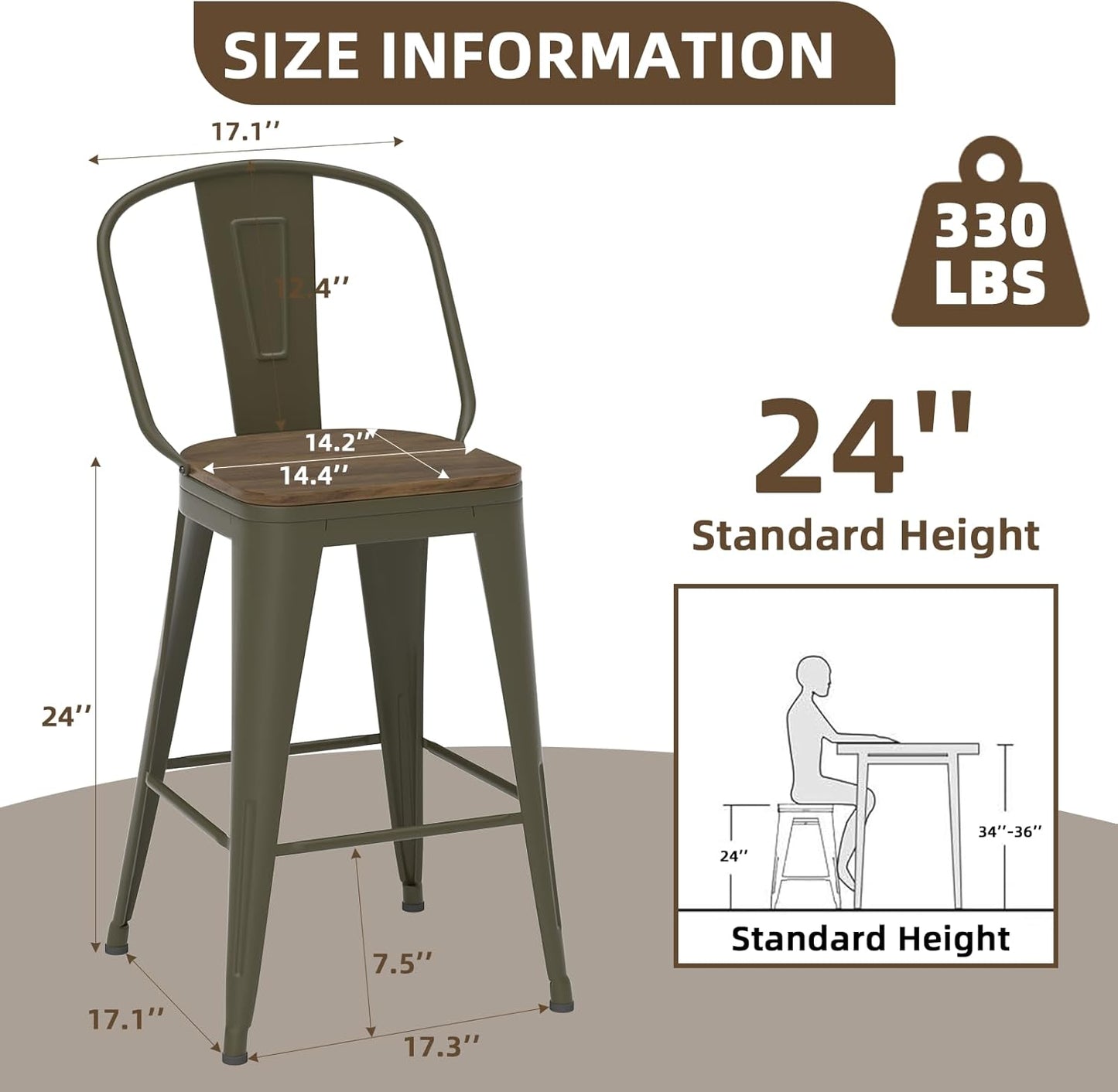 24” Swivel Bar Stools Set of 4, Counter Height Bar Stools Wooden Seat, Metal Industrial Bar Chairs with High Back for Kitchen Island (Rusty)