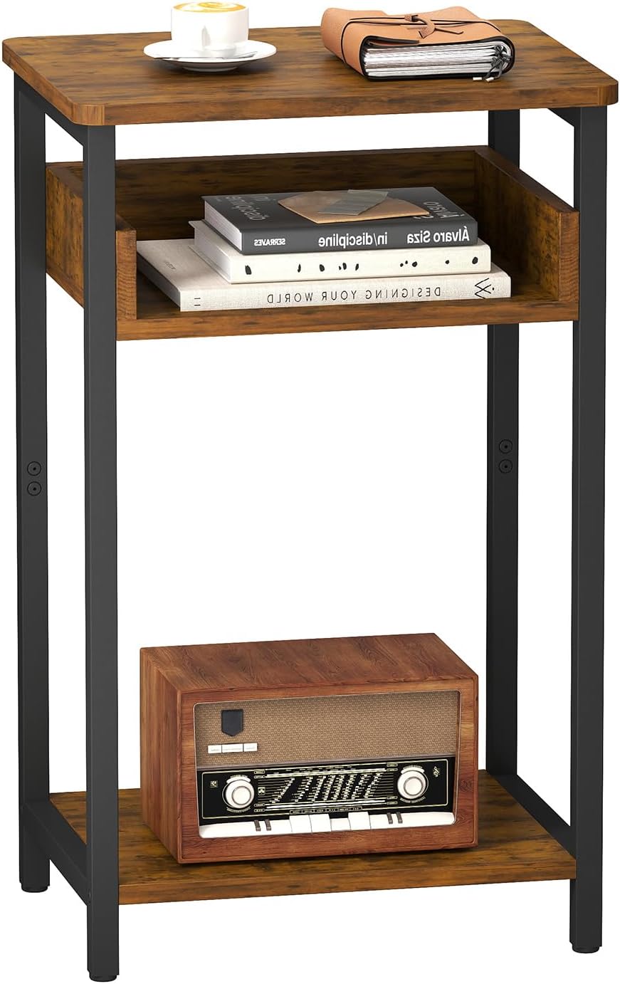 Side Table, 25 inch High End Table, Small Bedside Table for Living Room, Bedroom and Office, Rustic Brown & Black