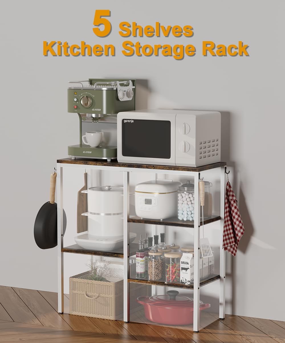 Artibear 4-Tier Kitchen Microwave Oven Stand, Adjustable Coffee Bar Station for Small Appliance, Baker's Rack with 4 Hooks & 5 Storage Shelves, Utility Rack for Kitchen, Living Room, Office, White