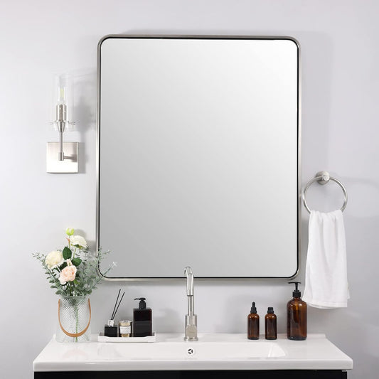 ANDY STAR Brushed Nickel Bathroom Mirror, 30x36’’ Rounded Corner Rectangle Nickel Mirror Bathroom Vanity Mirror Tube Metal Framed, SUS304-Anti-Rust Wall-Mounted Horizontal/Vertical 1’’ Deep