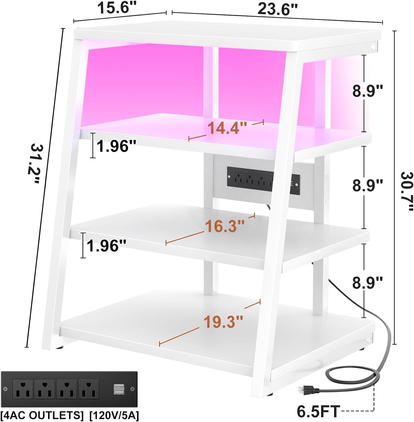 Armocity 4-Tier AV Media Stand with Power Strips, Stereo Stand with LED Lights, Audio Tower Rack with Adjustable Shelves, Small Entertainment Center, 30'', White