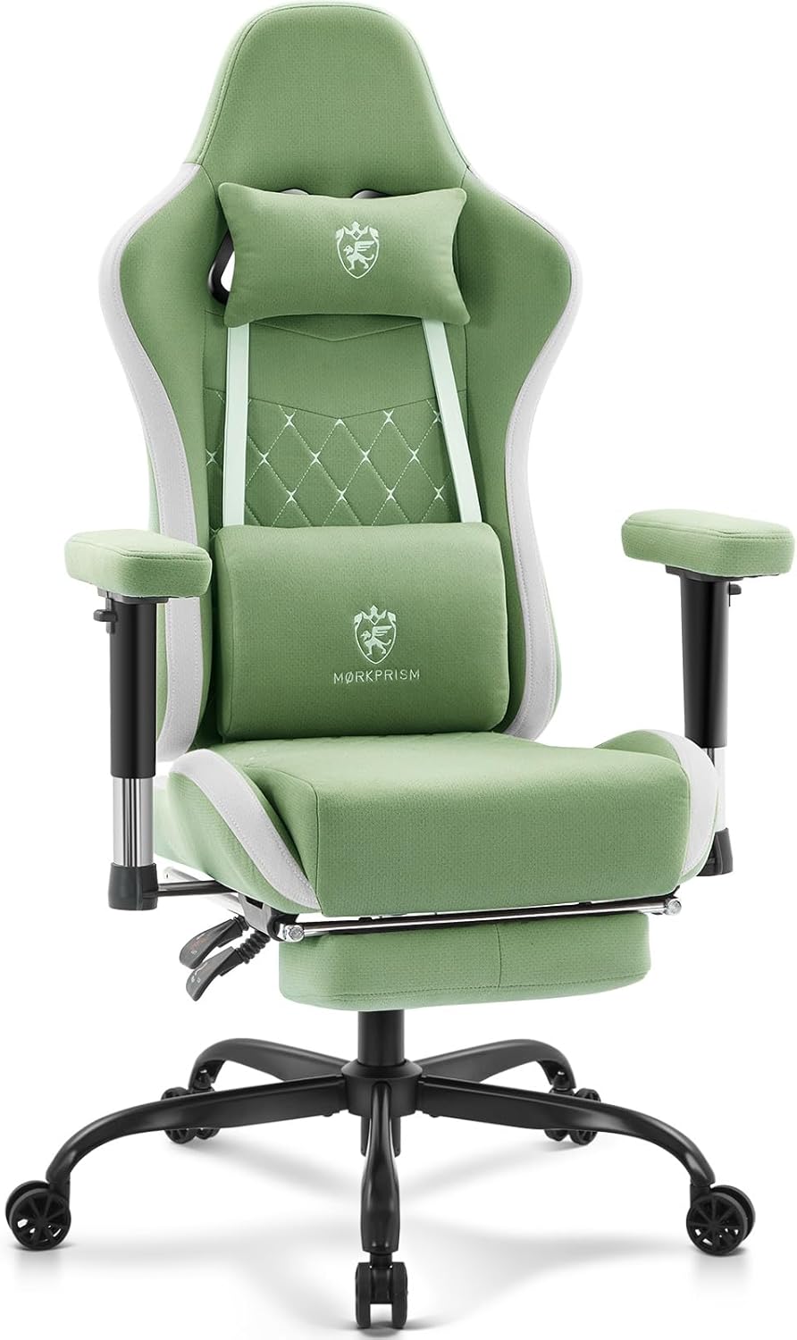 Gaming Chair Breathable Fabric,Computer Office Chair with Footrest,Massage Lumbar Support and Gel Pad,Ergonomic Reclining Gamer Chair with Adjustable Armrests and Spring Cushion Green
