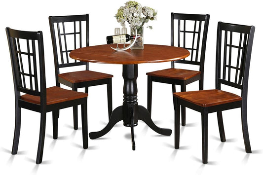 East West Furniture DLNI5-BCH-W 5 Piece Modern Dining Table Set Includes a Round Wooden Table with Dropleaf and 4 Dining Chairs, 42x42 Inch, Black & Cherry