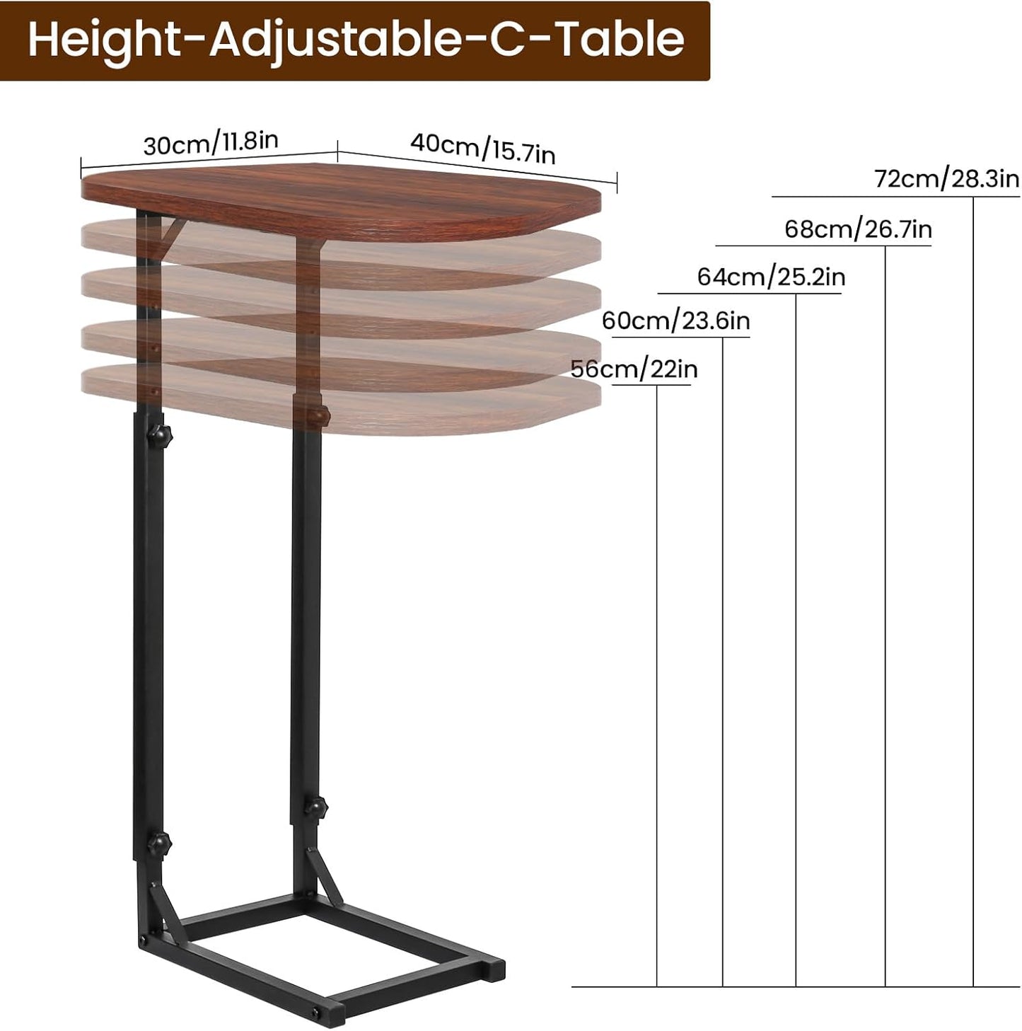 Premium Adjustable C-Shaped End Table for Couch, Mini Side Tables for Sofa, Small Coffee Table with Metal Frame, Beautiful and Practical Sidekick for Your Living Room, Bedroom, Bedside, Rustic Brown