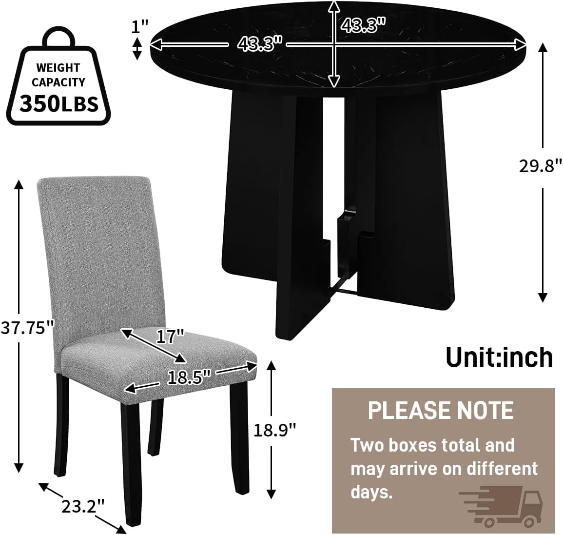 Ball & Cast Dining Table Set for 4,5-Piece Kitchen Table Set W/ 43" Round Faux Marble Bar Table,Living Room Furniture W/ 4 Linen Upholstered Chairs,for Dining Room,Kitchen,Restaurant,Grey+Black