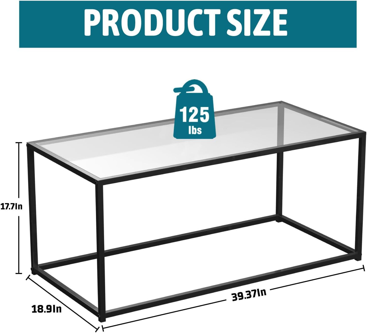 Glass Coffee Table Modern Center Table,Minimalist Coffee Table for Living Room,Tempered Glass-top with Sturdy Metal Frame, Easy Assembly,Black