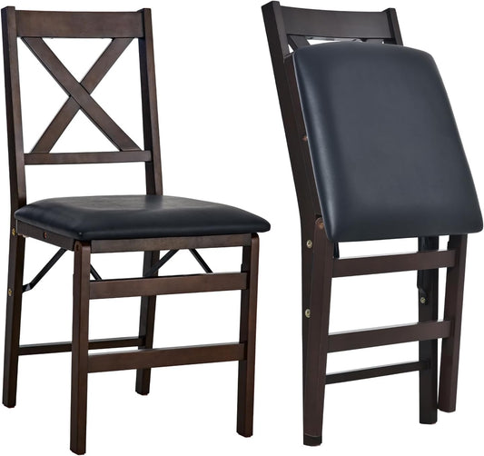 COLAMY Folding Dining Chairs Set of 2, Foldable Chairs with Padded Seats, Wood Folding Dining Room Chairs for Kitchen, Party, Camping, Dark Brown