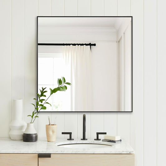 28x28 Inch Black Bathroom Mirror, Copper-Free Aluminum Alloy Frame Vanity Mirror, Rectangle Wall Mounted Modern Mirror for Bedroom/Living Room/Porch Horizontal or Vertical