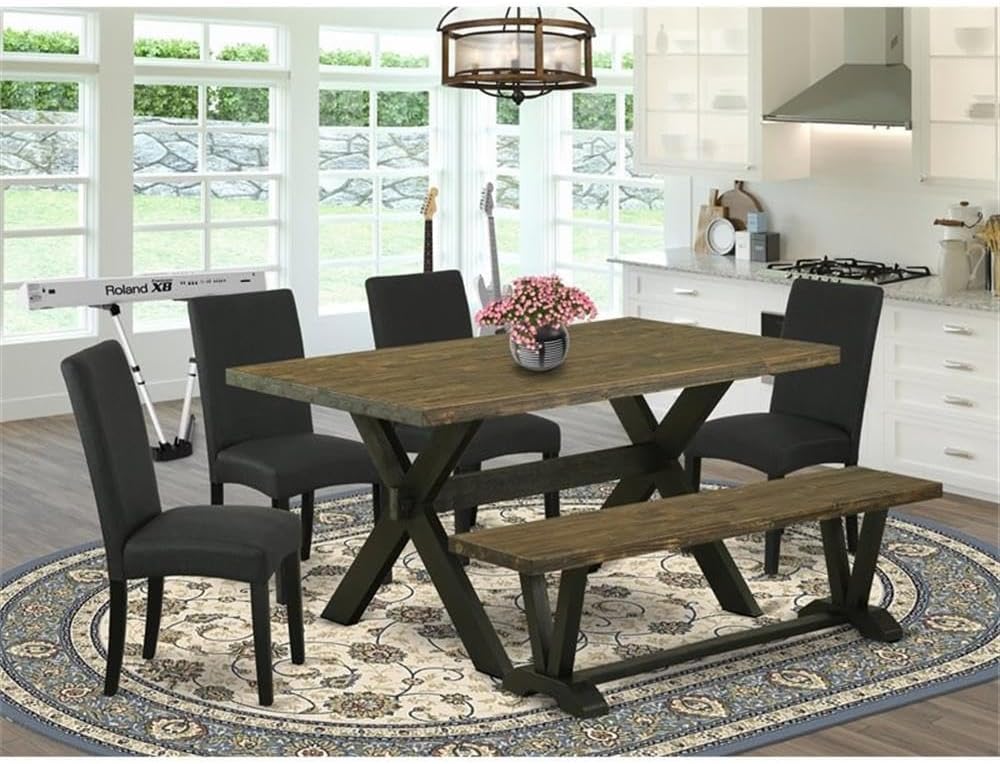 East West Furniture X676DR124-6 6 Piece Kitchen Table Set Contains a Rectangle Dining Table with X-Legs and 4 Black Color Linen Fabric Parson Chairs with a Bench, 36x60 Inch, Multi-Color
