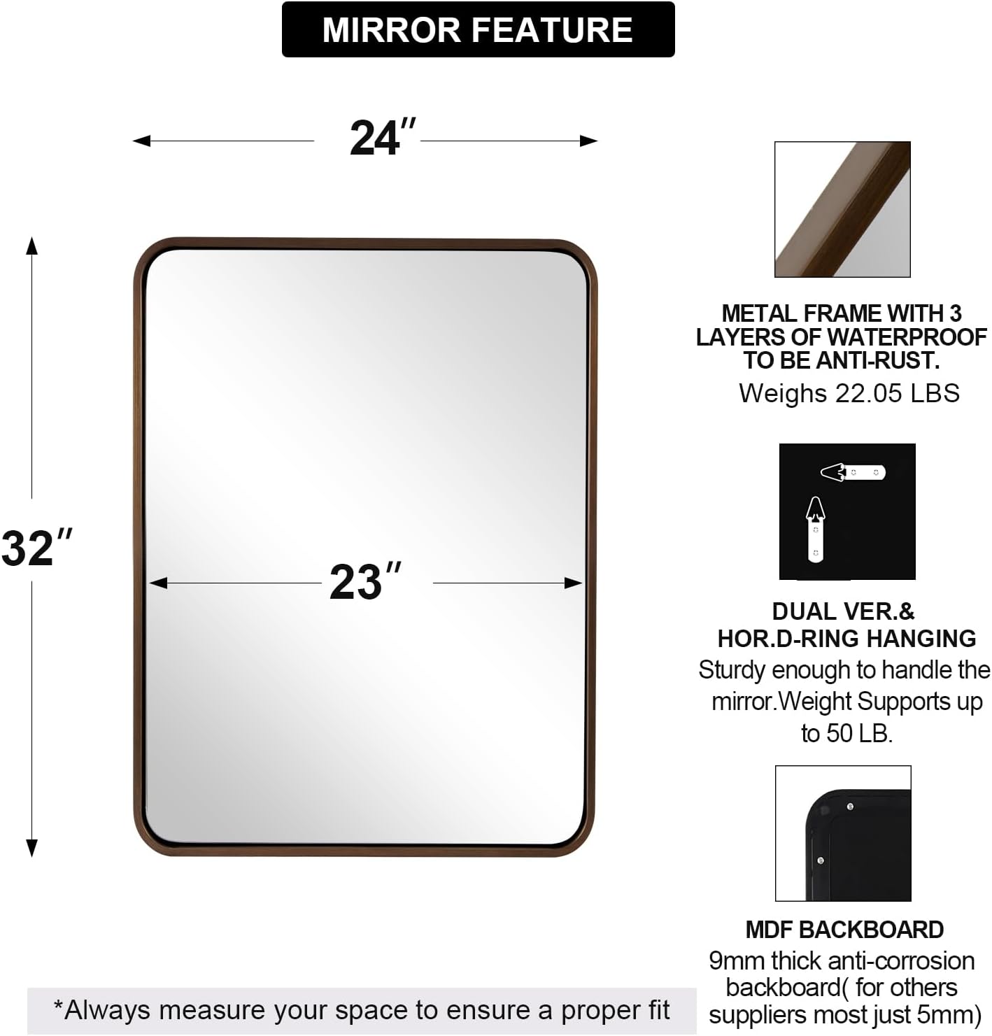 ANDY STAR 24x32 INCH Bronze Bathroom Mirror, Rounded Rectangle Oil Rubbed Bronze Mirrors for Bathroom,Tube Metal Framed, 1’’ Deep Wall Mounted Vertically/Horizontal